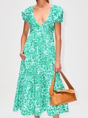 LA LIGNE Plunge-Neck Animal-Print Cotton Midi Dress, Puff Sleeve - Womens Large